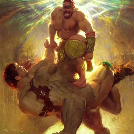 Image similar to the iron sheik breaking hulk hogan's back, radiant light, caustics, heroic, bright iridescent light, by gaston bussiere, bayard wu, greg rutkowski, maxim verehin, epic wrestling combat, legendary