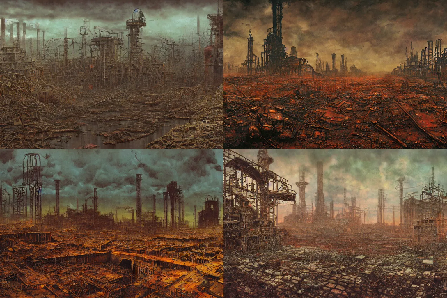 Prompt: industrial devastation, colorful steampunk ruins, abandoned factories oil field post - apocalyptic dusk irradiated contaminated stalker chernobyl, oil painting beksinski, sci - fi wallpaper digital art