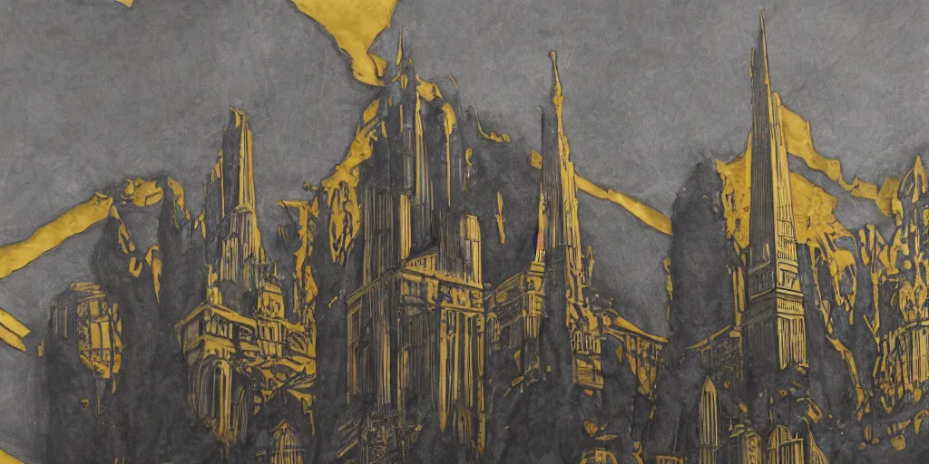 Image similar to charcoal art with adding gold leaf of monumental architecture inspired by h. p. lovecraft