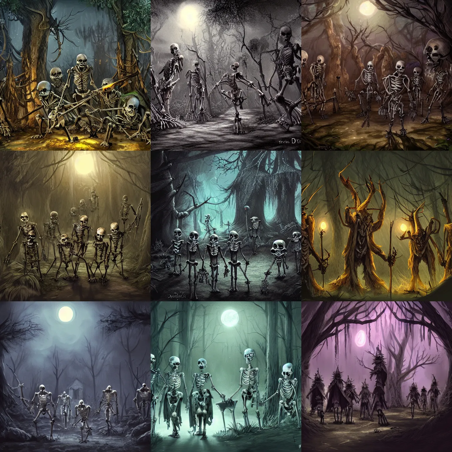 Prompt: a group of dangerous skeletons in a forest village at night, dnd, concept art, fantasy art, detailed