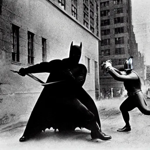 Image similar to old black and white photo, 1 9 1 3, depicting batman fighting a bad guy in an ally of new york city, rule of thirds, historical record