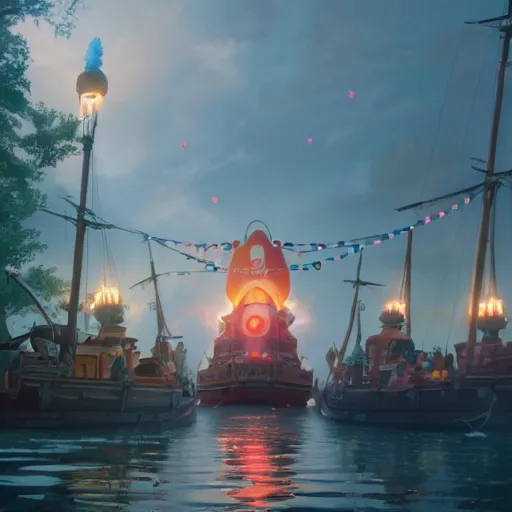 Image similar to a film still floats carnival, medium shot, waist up, studio ghibli, pixar and disney animation, sharp, rendered in unreal engine 5, anime key art by greg rutkowski, bloom, dramatic lighting