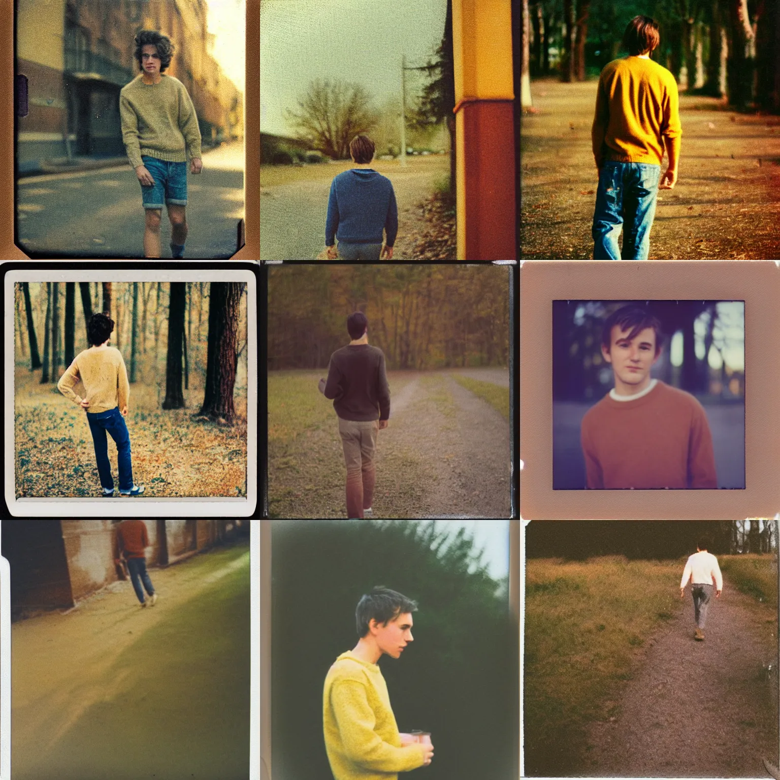 Prompt: instax polaroid film photo of a young man with messy medium length light brown hair and a yellow sweater walking away from the camera, zoomed out, warm, nostalgia, faded glow, expired film analog photography, grainy texturized dusty, saturated colorized