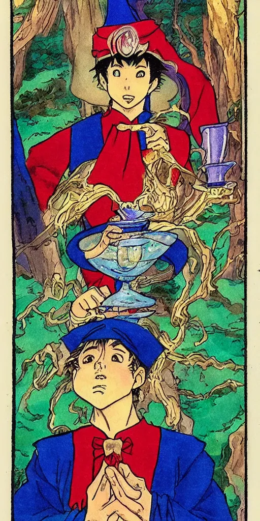 Image similar to a mystical man with a goblet on the table, wizard hat, drawn by Naoko Takeuchi, tarot card. tarot card the magician