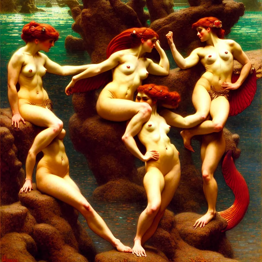 Prompt: mermaids wrestling, hard lighting, graceful, full body, warm lighting, painting by gaston bussiere, craig mullins, j. c. leyendecker, lights, art by ernst haeckel, john william godward, hammershøi