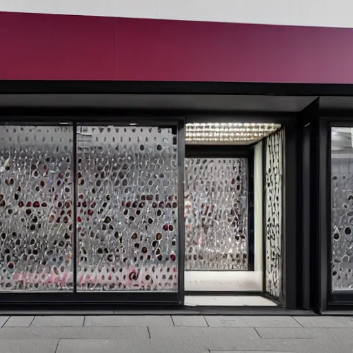 Image similar to Award winning shopfront design, convenience store, dark grey, anthracite with burgundy accents, perforated metal, paint, laser cut textures, highly detailed, bright signage, vinyl on glazing, zaha hadid