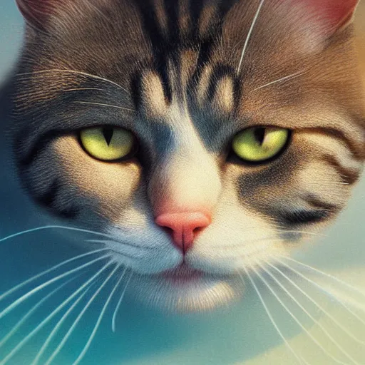 Image similar to closeup portrait of a cat sitting next to a swimming pool, bright, reflections, intricate, sharp focus, lens flare, bloom, illustration, highly detailed, digital painting, concept art, matte, art by ruan jia and wlop and greg rutkowski, masterpiece