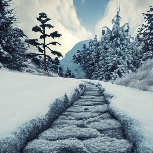 Image similar to a snow dragon on a path in a snowy montain. modern ultra realistic graphics and ray - tracing, atmosphere, depth of field, full of color, trending on artstation, ultra high detail, ultra realistic, cinematic, focused, 8 k