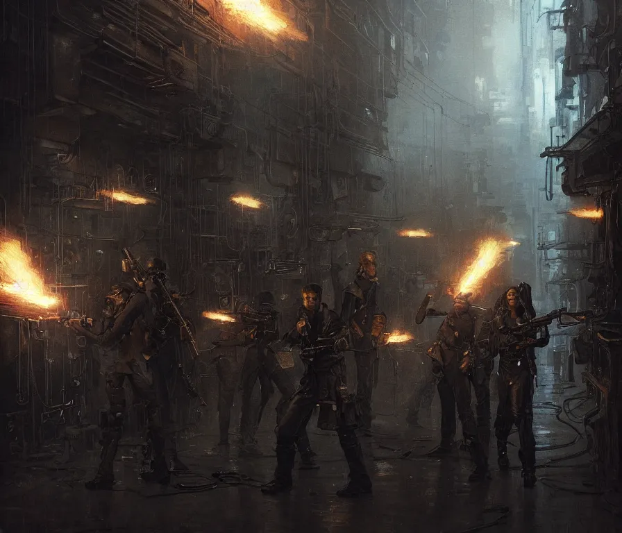 Prompt: close up on dystopian resistance fighters fire guns together | dark alley | steampunk | highly detailed digital illustration, concept art for a scifi cyberpunk film. by greg rutkowski, john j. park, jason chan, noah bradley, feng zhu, gustave courbet, rosa bonheur, edward hopper. sharp focus, cinematic atmosphere, detailed and intricate, perfect anatomy