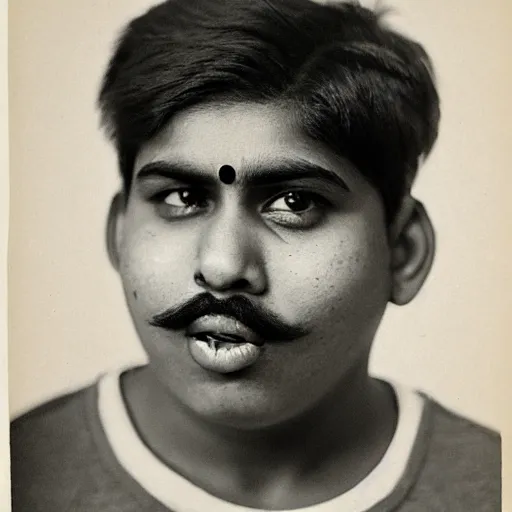 Prompt: close - up portrait photograph of a large teenage indian male with black eyes, a big mouth, chubby facial features, a messy stubble and thin moustache, and short touselled black hair, highly detailed, anatomically correct features,