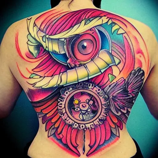 Prompt: tattoo of female on minion back, epic, colorful, beautiful, intricate detail