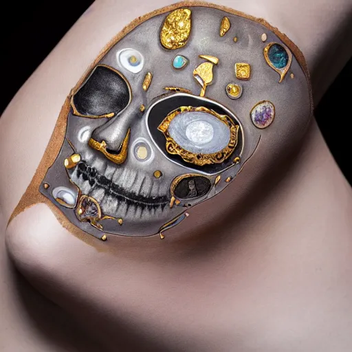 Image similar to half female half android laid down with visible gems inlaid in skin with anatomic description, antique style, skeleton, gems, cameo, gold, 8k, details, studio lighting, realism, complex lights