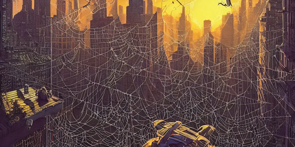 Image similar to Spider stealing past softly through the shadow of the evening sun, background of windows of the blissfully dead, a tangle of spider webs, surrealistic, dark, matte painting by Jeffrey Smith and Dan Mumford and Studio Ghibli, trending on artstationhq, 4k HDR