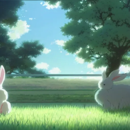 Image similar to A group of white bunny rabbits under the cherry tree, Makoto Shinkai