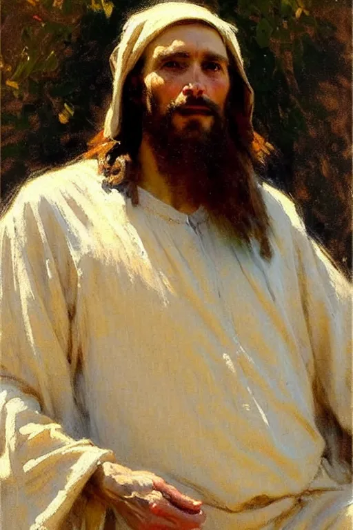 Image similar to impressionist brushstrokes!!!!!!!!! solomon joseph solomon and richard schmid and jeremy lipking victorian loose genre loose painting full length portrait painting of jesus with a slight smile