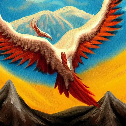 Image similar to A Phoenix Flying Above A Snowy Mountain, In The Style Of An oil Painting, trending on artstation