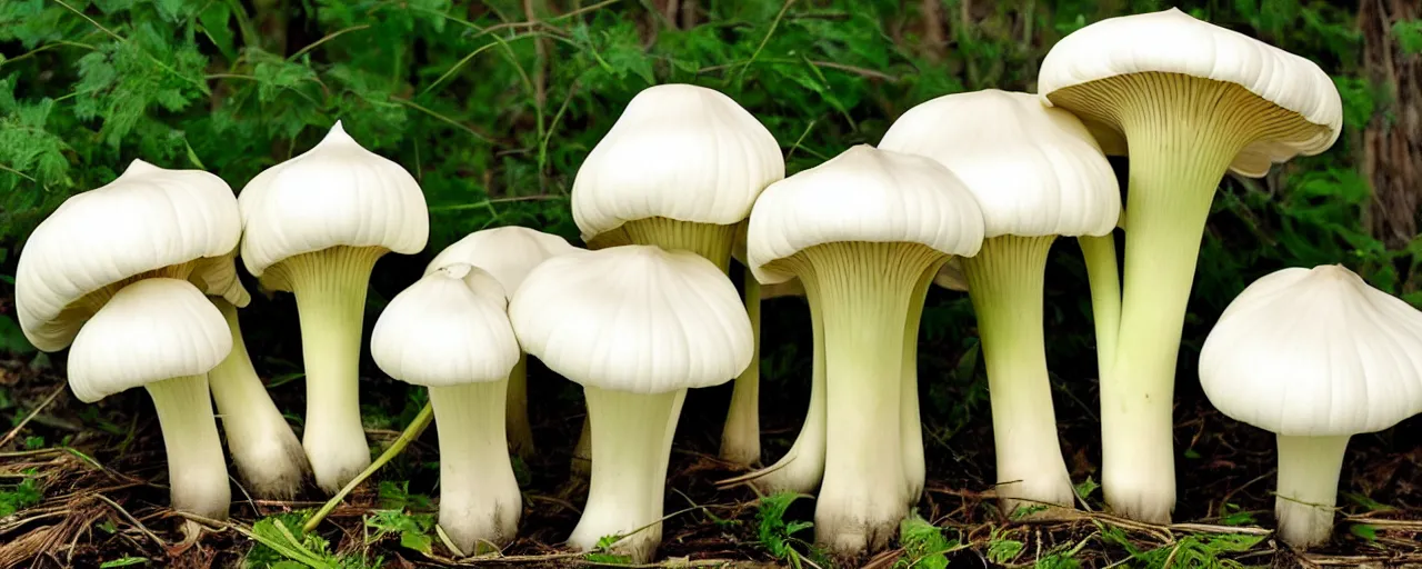 Image similar to king trumpet mushrooms, large thick cylindrical stem, small, flattened cap, ivory white stems, smooth caps are grey to brown and have rounded, curved edges, the stem and cap are joined by off - white thin short gills