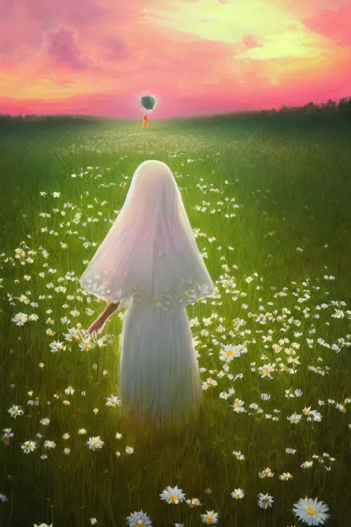 Prompt: large white daisy flower face, girl with veil walking in a flower field, surreal photography, sunrise, dramatic light, impressionist painting, colorful clouds, digital painting, artstation, simon stalenhag