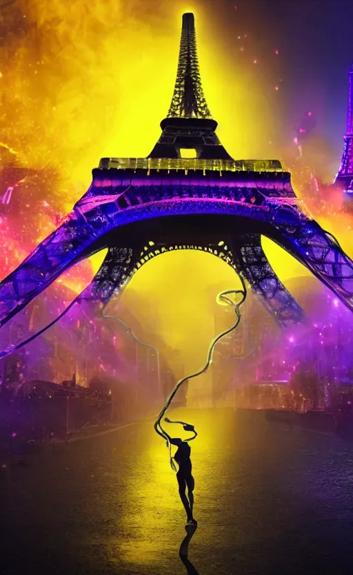 Image similar to giant larva with tentacles attacks and destroys and blows up the eiffel tower in glowing colorful luminous slime, dark foggy streets with white neon signs, running and screaming people, futuristic, dramatic, ultra - realistic, landscape, perspective, hight detailed, no blur, 8 k