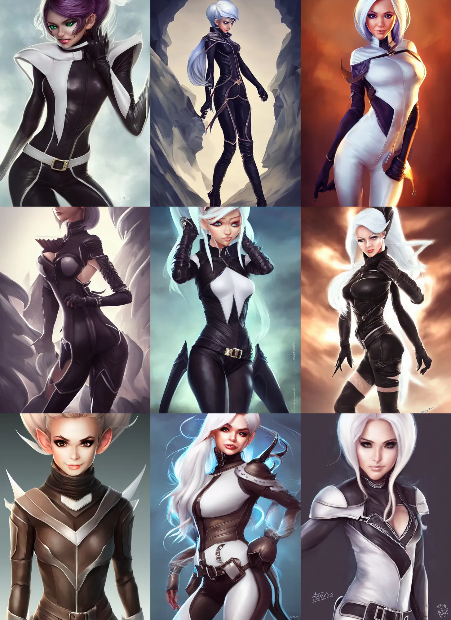 Prompt: backveiw picture of elf rogue, female, white skin, ponytails, skintight leather clothes, short coat, face details, extremely detailed, smooth, sharp focus, digital illustration, by artgerm, rossdraws, sakimichan