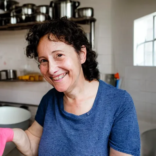 Image similar to portrait of a smiling woman with dark curly hair in a pink t-shirt shirt and high-rise jeans making sourdough in sunlit kitchen, by studio ghibli