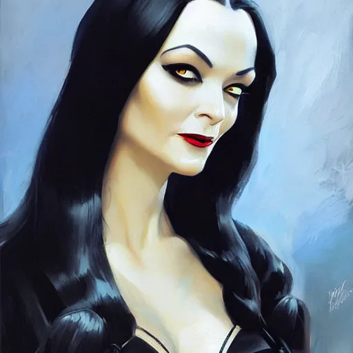 Prompt: greg manchess portrait painting of morticia from addams family as overwatch character, medium shot, asymmetrical, profile picture, organic painting, sunny day, matte painting, bold shapes, hard edges, street art, trending on artstation, by huang guangjian and gil elvgren and brom