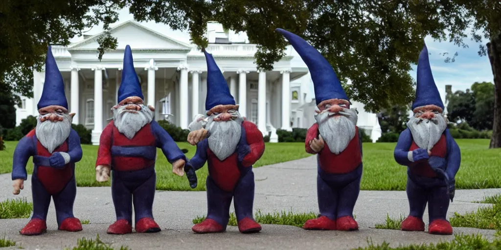 Prompt: demonic gnomes looking at the White House