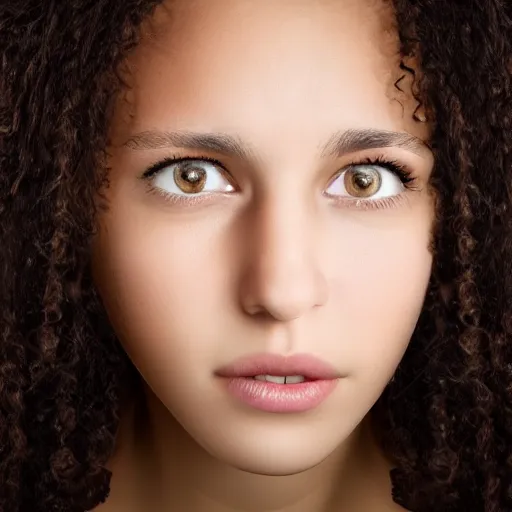 Image similar to portrait of a young lady with curly black hair with, round face, big brown eyes, volumetric lighting,