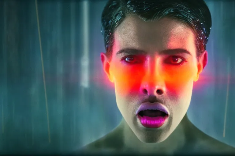 Image similar to a large digital hologram of a screaming face suspended in the air, photography by fred palacio medium full shot still from bladerunner 2 0 4 9, sci fi, bladerunner, canon eos r 3, f / 3, iso 2 0 0, 1 / 1 6 0 s, 8 k, raw, unedited