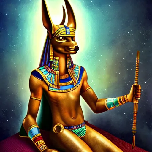 Prompt: anubis, egyptian art, lying in bed, sparkles all around, fantasy digital art, wow, stunning, hight quality