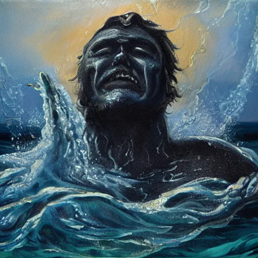 Image similar to portrait of proud and screaming Poseidon rising from the ocean, ready to fight with trident, oil painting, dark colors, sinister atmosphere