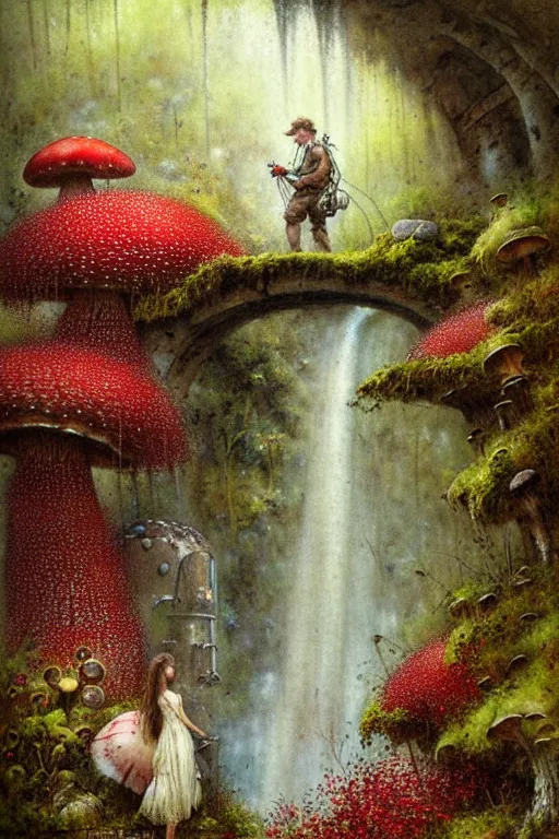 Image similar to adventurer ( ( ( ( ( 1 9 5 0 s retro future steam turbine and mill in forrest of giant mushrooms, moss and flowers stone bridge waterfall. muted colors. ) ) ) ) ) by jean baptiste monge!!!!!!!!!!!!!!!!!!!!!!!!! chrome red
