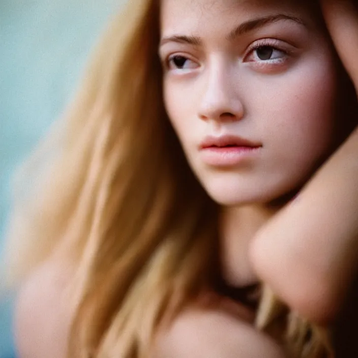 Image similar to kodak portra 400, photo portrait close-up of a beautiful girl.