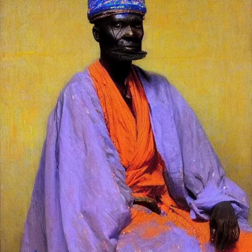 Image similar to king of dahomey dressed lightly in airy robes, 1905, brightly coloured oil on canvas, by ilya repin