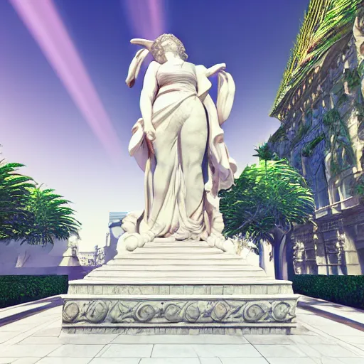 Image similar to baroque vaporwave statue, high detail, rendered in unreal engine, 3d render, god rays, volumetric lighting, award winning, vegetation,