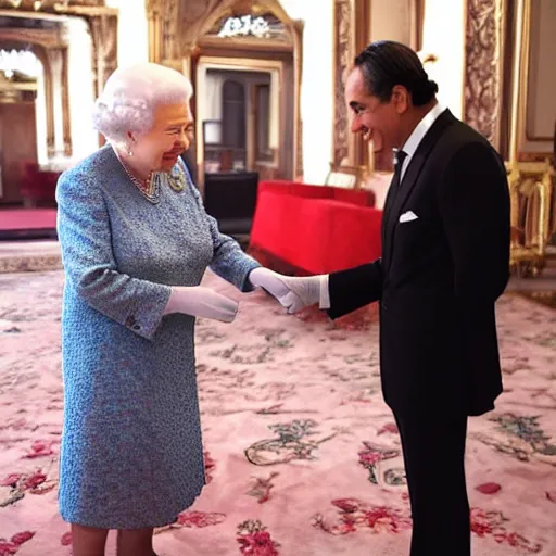 Prompt: Queen Elizabeth II meets Juan Gabriel