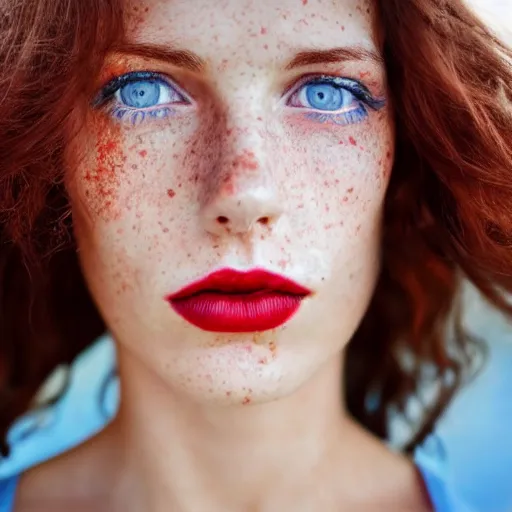 Image similar to close up photo of the left side of the face of a woman with blue eyes and wavy long red-brown hair, red detailed lips and freckles who looks directly at the camera. Slightly open mouth. Whole head visible and covers half of the frame, with a park visible in the background. 135mm nikon. Intricate. Very detailed 8k. Sharp. Cinematic post-processing. Unreal engine. Nanite. Ray tracing. Parallax. Tessellation