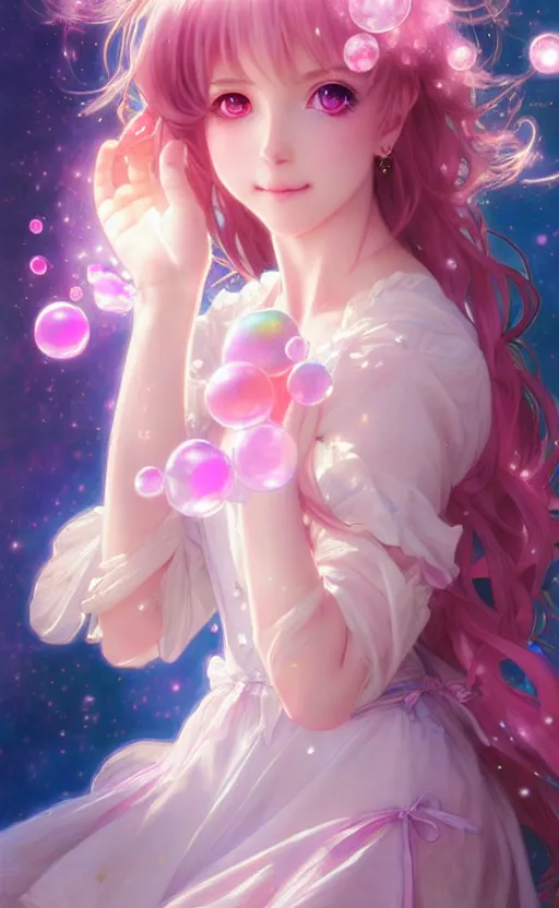 Image similar to portrait of beautiful magical anime lolita girl, dreamy and ethereal, pink eyes, happy expression, fantasy, intricate, elegant, rainbow bubbles and crystals in background, highly detailed, digital painting, artstation, concept art, smooth, sharp focus, illustration, art by artgerm and greg rutkowski and alphonse mucha