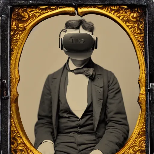 Image similar to tintype photo of a man from the 1800s using a wired vr headset