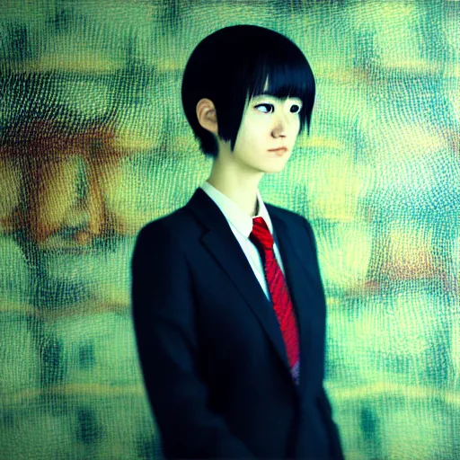 Image similar to yoshitaka amano blurred and dreamy realistic three quarter angle portrait of a young woman with short hair and black eyes wearing office suit with tie, junji ito abstract patterns in the background, satoshi kon anime, noisy film grain effect, highly detailed, renaissance oil painting, weird portrait angle, blurred lost edges