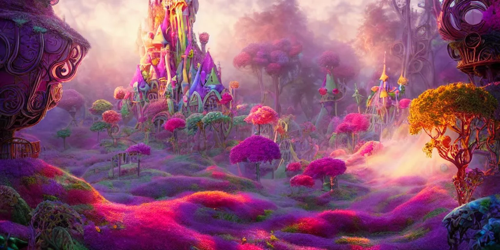 Prompt: Wonderland, Feywild, Utopia, Candyland, Oz, Pyroland, Sugar Rush, by Arcutomory and BarretFrymire and Tim White and John Stephens and Lewis Carroll, intricate, elegant, light pink mist, highly detailed, dramatic lighting, sharp focus, hyper realistic, digital art, octane render, deviantart, trending on artstation, artstationHD, artstationHQ, unreal engine, 4k, 8k