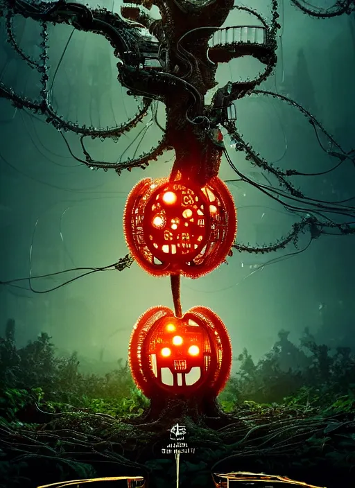 Image similar to intricate mechanical translucent apple with visible gears and components inside, growing off a tree, on the background of a weird magical mechanical forest. Very detailed 8k. Fantasy cyberpunk horror. Sharp. Cinematic post-processing