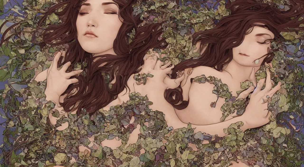 Image similar to a bio - mechanical pretty sleeping giant woman with mushrooms as camouflage, 4 k, ultra realistic, beautiful eyes!!, epic lighting, machines, high detail, masterpiece, trending on artstation by artgerm and akihito tsukushi!! and alphonse mucha, crayons!!!!!!!!!!!!!!!