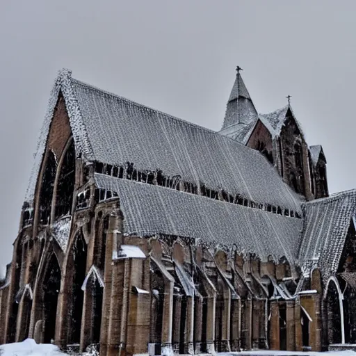 Prompt: a cathedral on a snowy plain with icicles forming on the roof. there is snow falling down from the sky which is overcast.