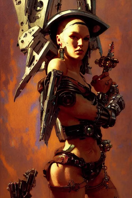 Image similar to full character portrait max mad cyberpunk warhammer 4 0 k, barbarian tech priest supersoldier not the girl with the pearl earring character design, painting by gaston bussiere, katsuya terada, nc wyeth, greg rutkowski, craig mullins, vermeer, frank frazetta, mucha, tom of finland, trending on artstation, jeffery catherine jones