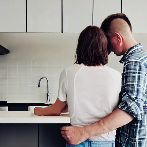 Image similar to portrait of a white male and his white female brown hair wife. male is is half bald, wearing a flannel shirt, tan shorts, white long socks and is holding a cane. female has long brown hair, standing next to him holding his hand. photo taken from behind them looking at a blue colored kitchen under remodel, trending on artstation.