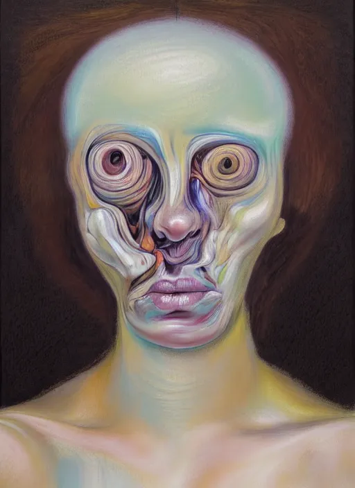 Prompt: a strange, biomorphic painting of a woman with large eyes, in pastel colours in the style of jenny saville, in the style of charlie immer, highly detailed, emotionally evoking, head in focus, volumetric lighting, oil painting, timeless disturbing masterpiece