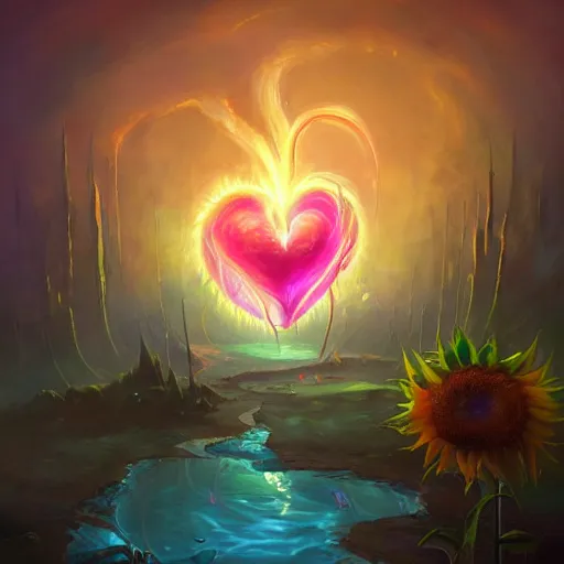 Prompt: a beautiful painting by Tyler Edlin and Anato Finnstark of a heart bursting out of a rib-cage and turning into rainbows and sunflowers, neon pastel color palette, soft feminine elegant, trending on artstation hq