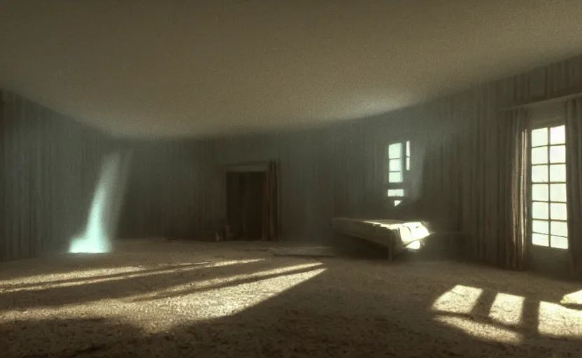 Image similar to cinematic screenshot of the surreal interior for house built on nothing and something for the nothing underneath, moody scene from being john malcovich directed by charlie kaufman ( 2 0 0 1 ), moody volumetric light morning, anamorphic lenses, kodak color film stock