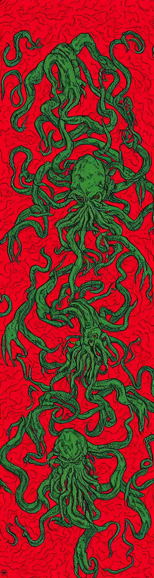 Prompt: Cthulhu lost inside the red room from Twin Peaks while David Lynch laughs in the background, fractal tile across the floor, Bob, mike judge art style, 90s mtv illustration